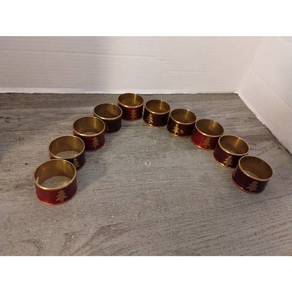 Set Of 10 Christmas Red Enameled Napkin Rings With Tree - Picture 3 of 6